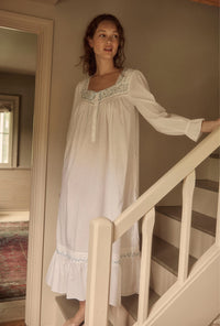 Iconic White Cornflower Embroidery Cotton Lawn Long Sleeve Ballet Nightgown