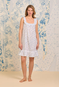 A lady wearing The "Elizabeth" Navy Floral Swiss Dot Short Nightgown