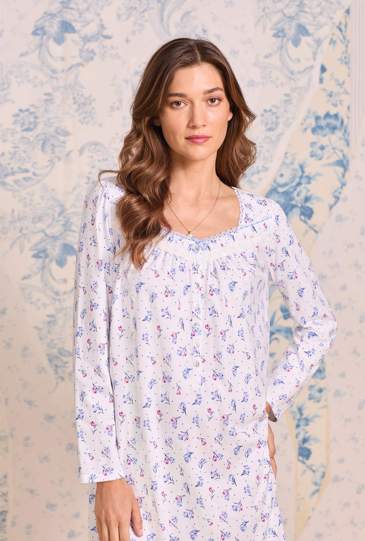 a lady wearing Tulip Dew Cotton Knit Long Sleeve Chemise
