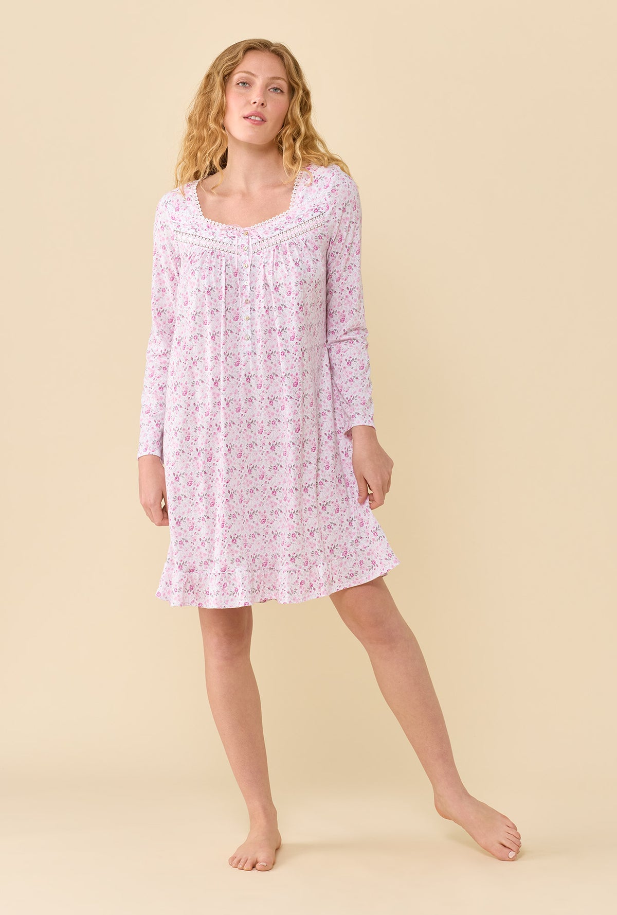 A lady wearing Cameo Ditsy 100% Cotton Jersey Knit Long Sleeve Chemise