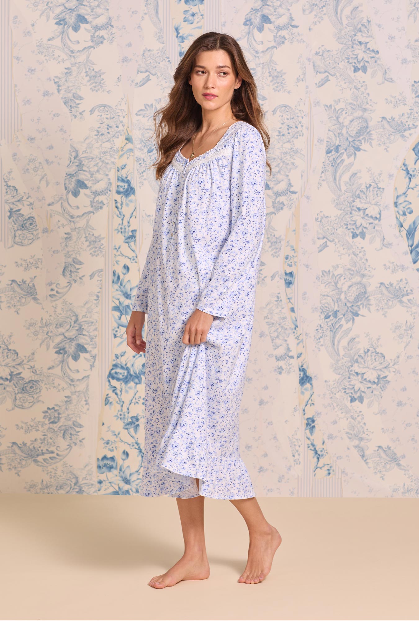 a lady wearing Provencal Rose Cotton Knit Long Sleeve Ballet Nightgown
