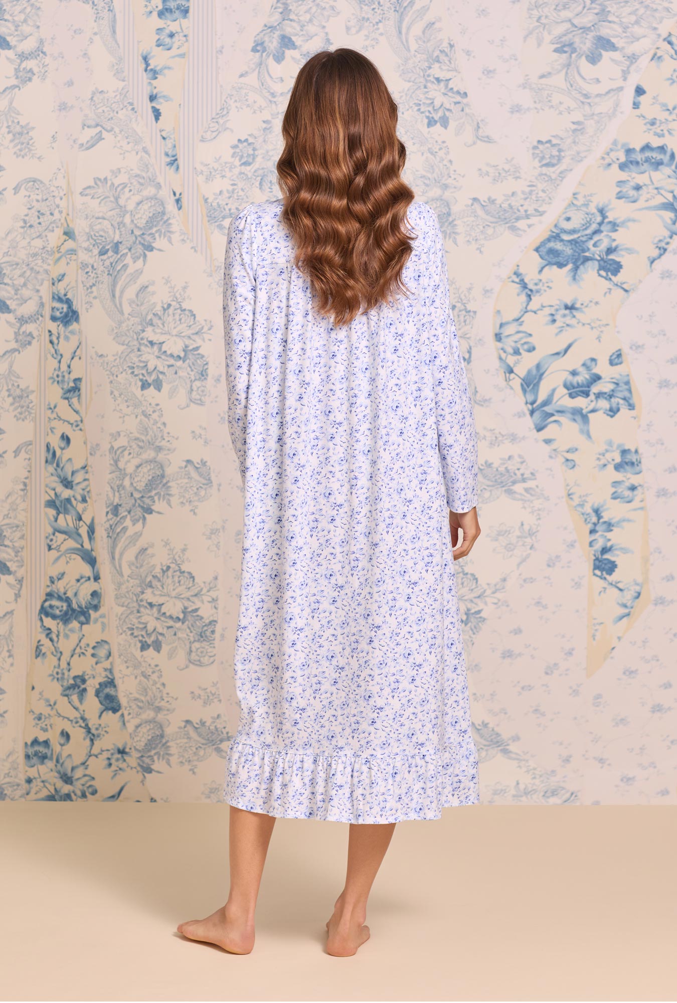 a lady wearing Provencal Rose Cotton Knit Long Sleeve Ballet Nightgown
