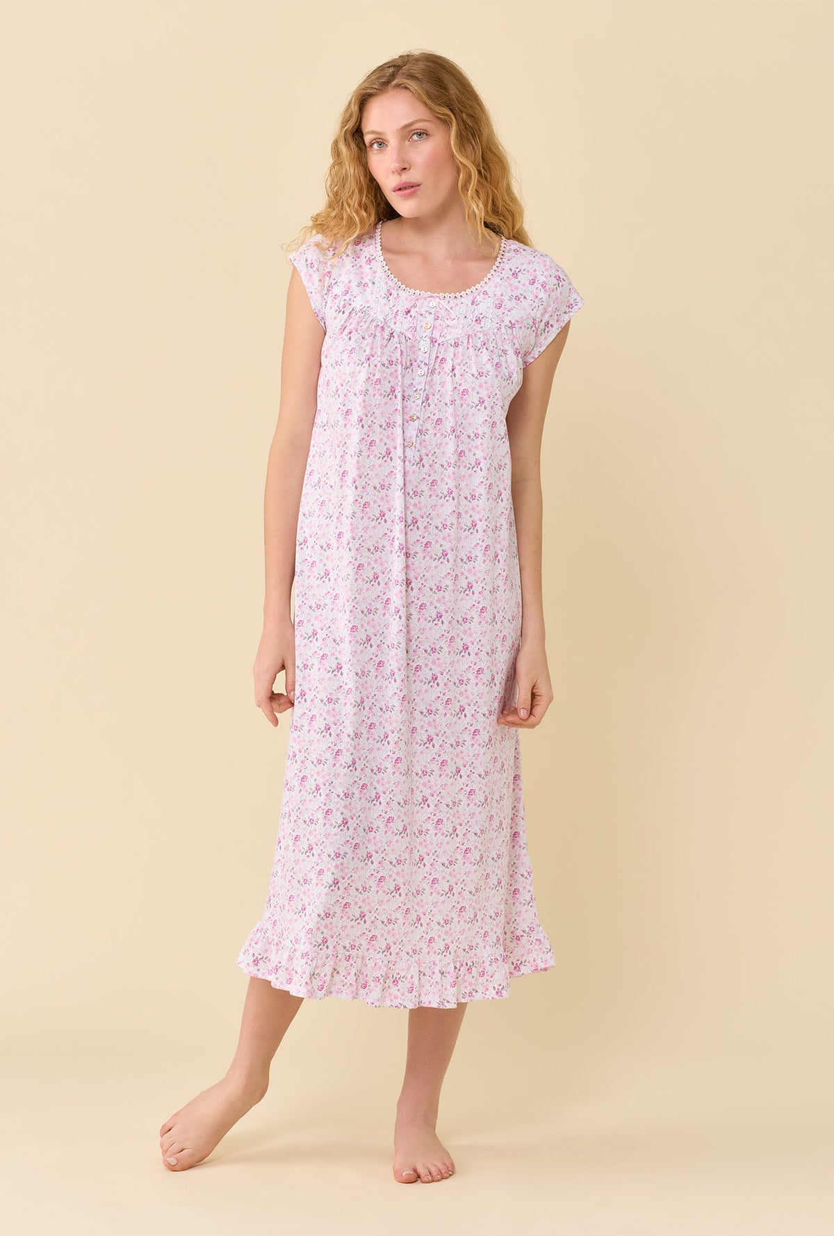 A lady wearing Cameo Ditsy 100% Cotton Jersey Knit Cap Sleeve Ballet Nightgown