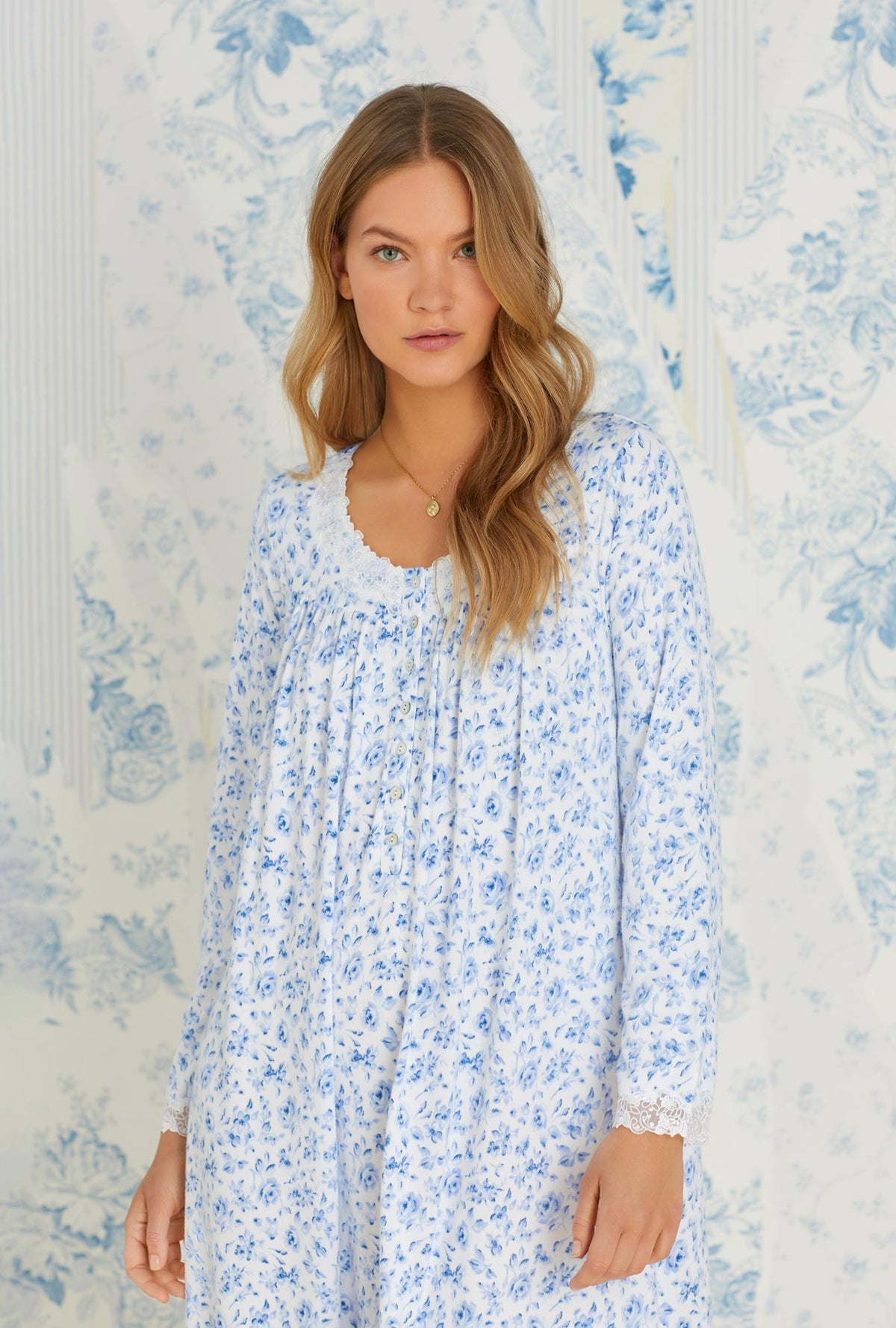 Classic Blue Roses Cozy Sweater Knit Long Nightgown