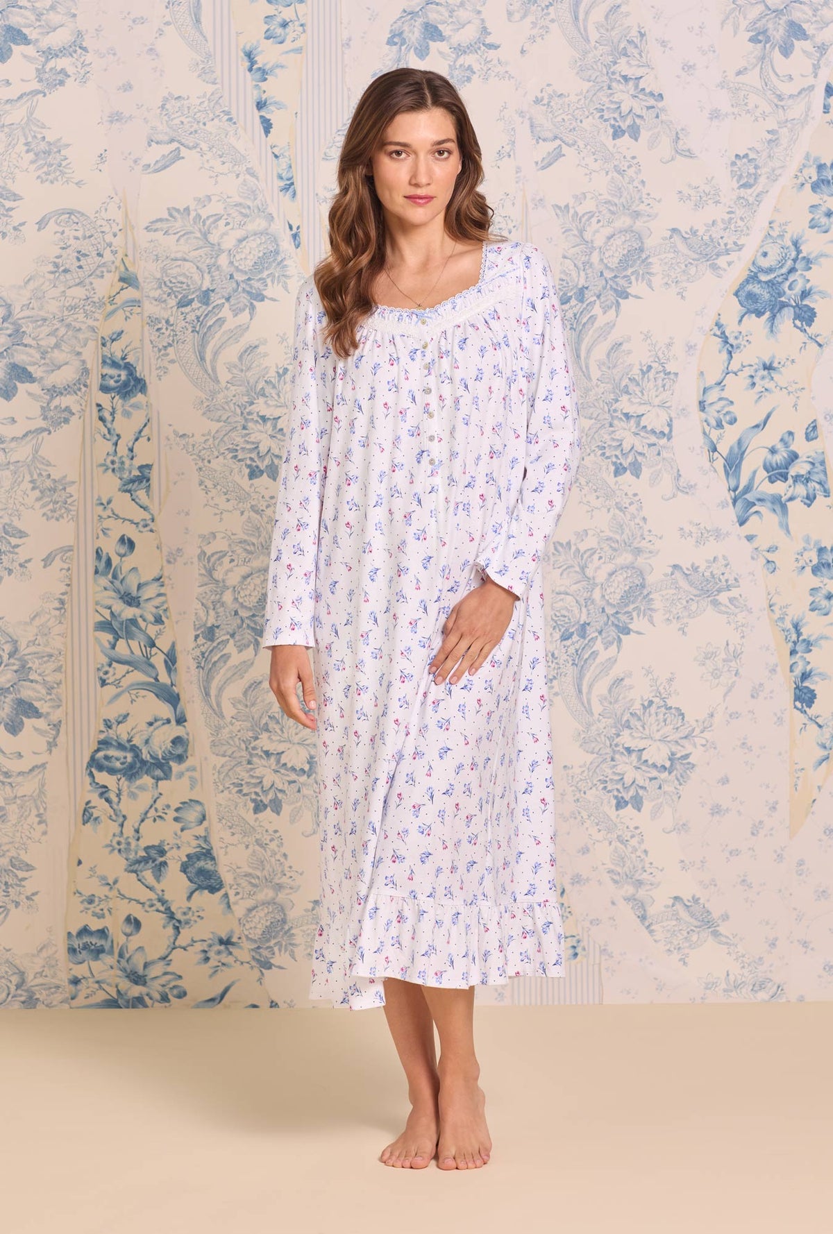 a lady wearing Tulip Dew Cotton Knit Long Sleeve Ballet Nightgown
