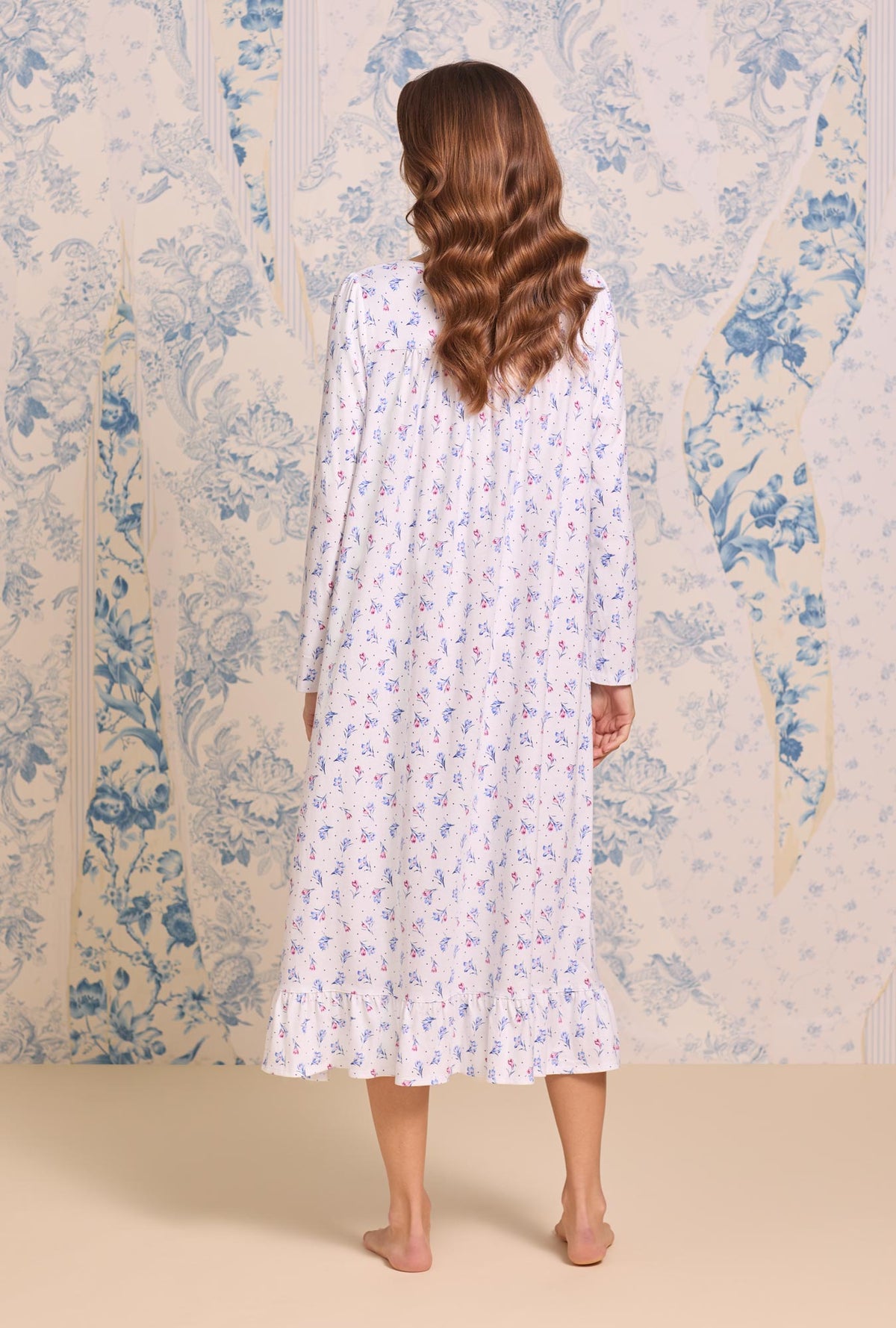 a lady wearing Tulip Dew Cotton Knit Long Sleeve Ballet Nightgown
