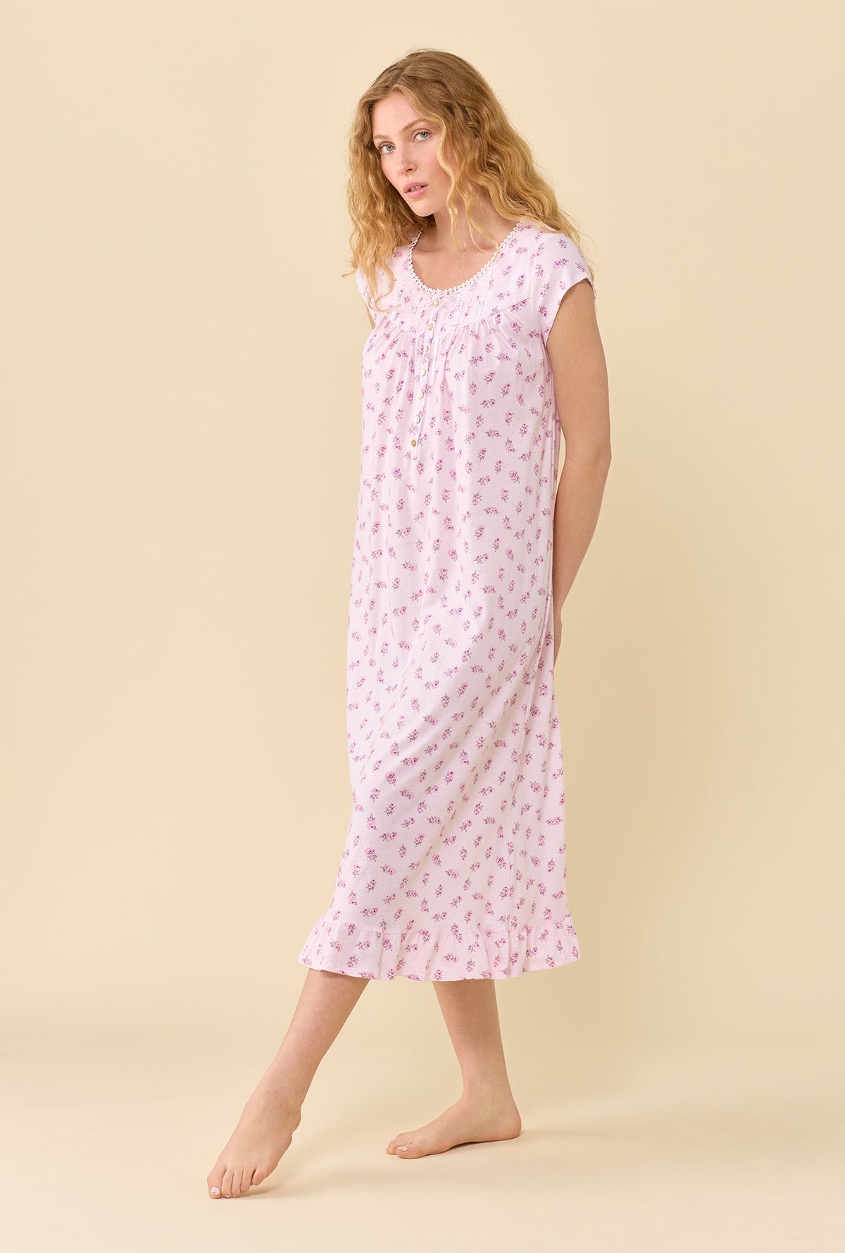 Scattered Floral 100% Cotton Jersey Knit Cap Sleeve Ballet Nightgown