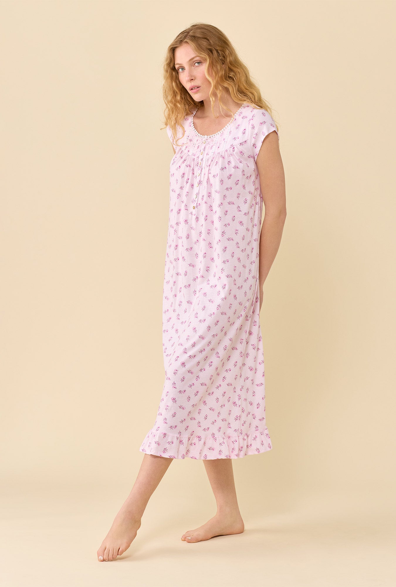 A lady wearing Scattered Floral 100% Cotton Jersey Knit Cap Sleeve Ballet Nightgown