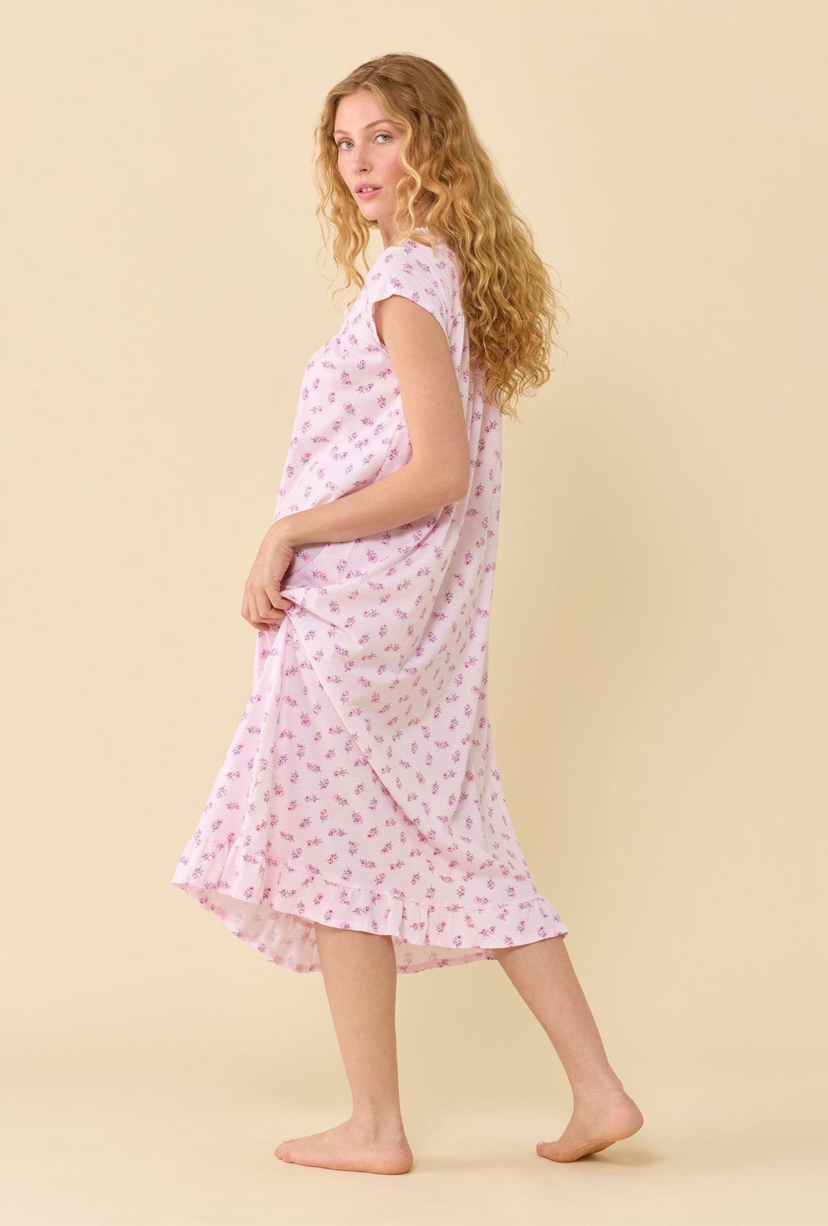 Scattered Floral 100% Cotton Jersey Knit Cap Sleeve Ballet Nightgown