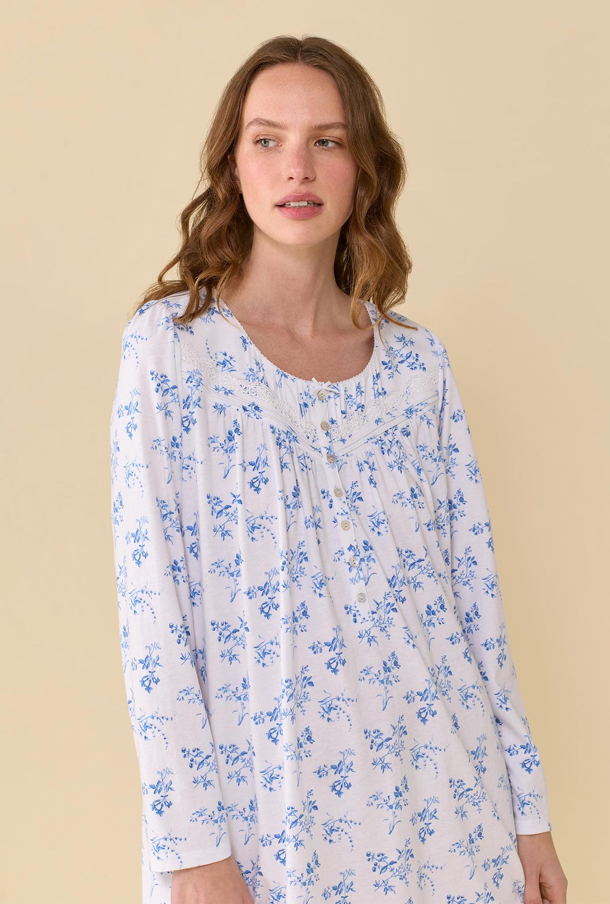Wild Aster 100% Cotton Jersey Knit Long Sleeve Chemise