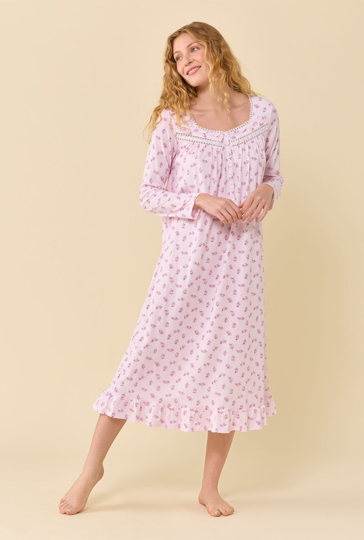Scattered Floral 100% Cotton Jersey Knit Long Sleeve Ballet Nightgown
