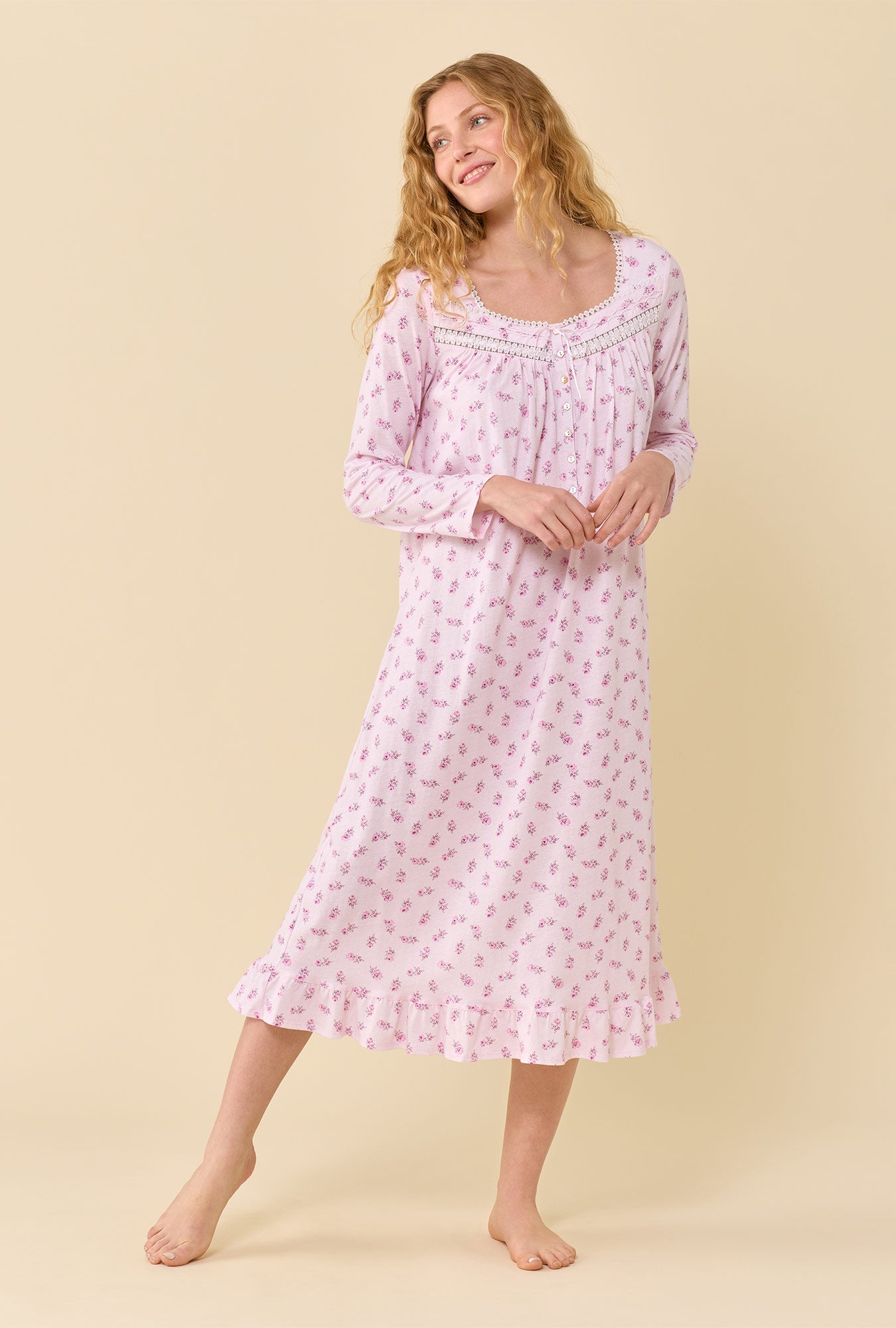 A lady wearing Scattered Floral 100% Cotton Jersey Knit Long Sleeve Ballet Nightgown looking side