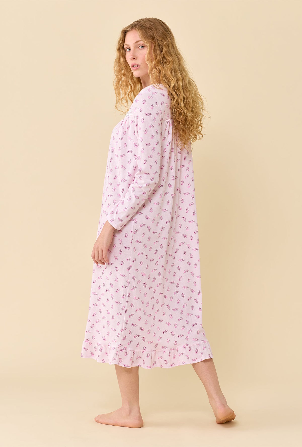 Scattered Floral 100% Cotton Jersey Knit Long Sleeve Ballet Nightgown
