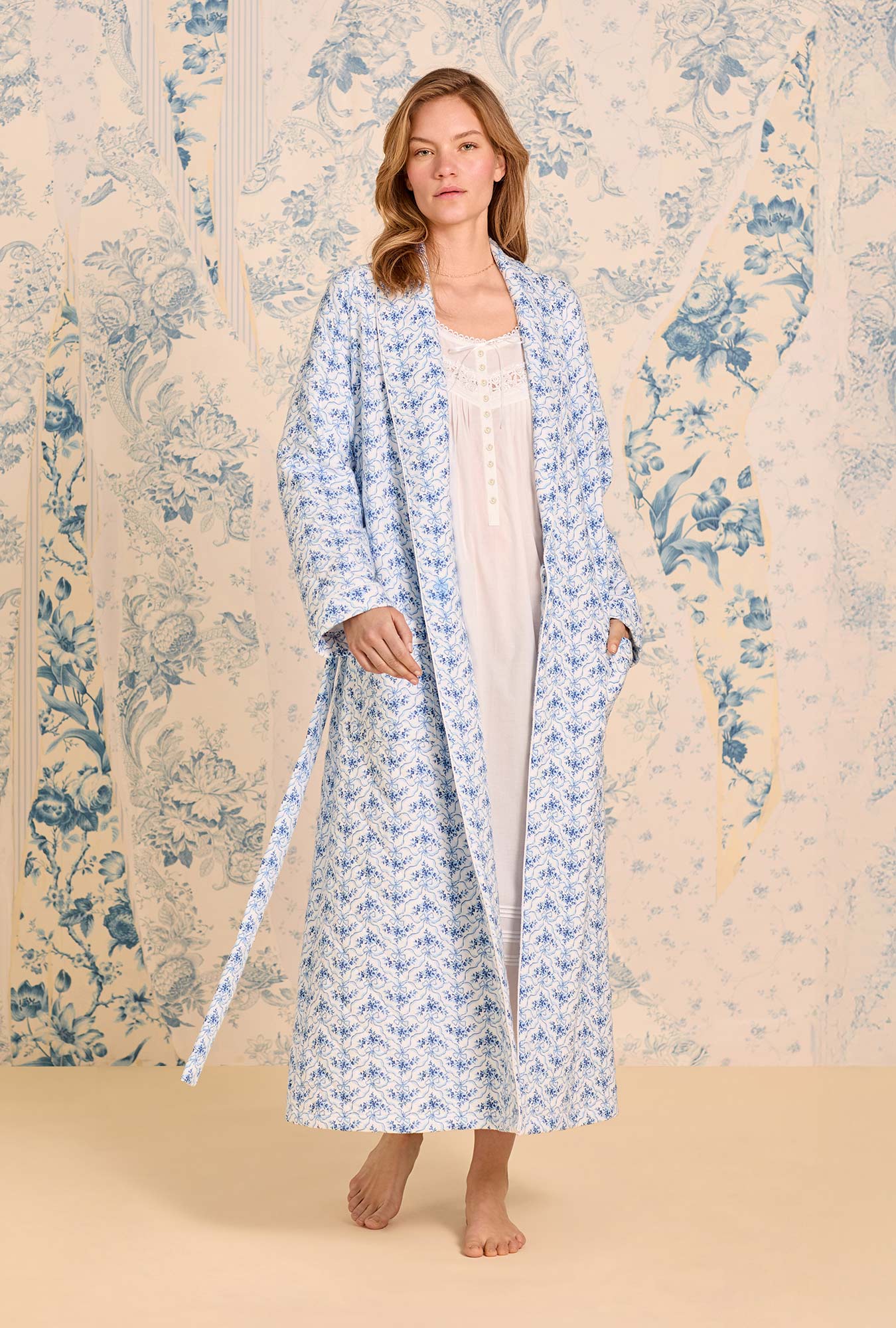 A lady wearing Celestial Bow Cotton Diamond Quilt Wrap Robe