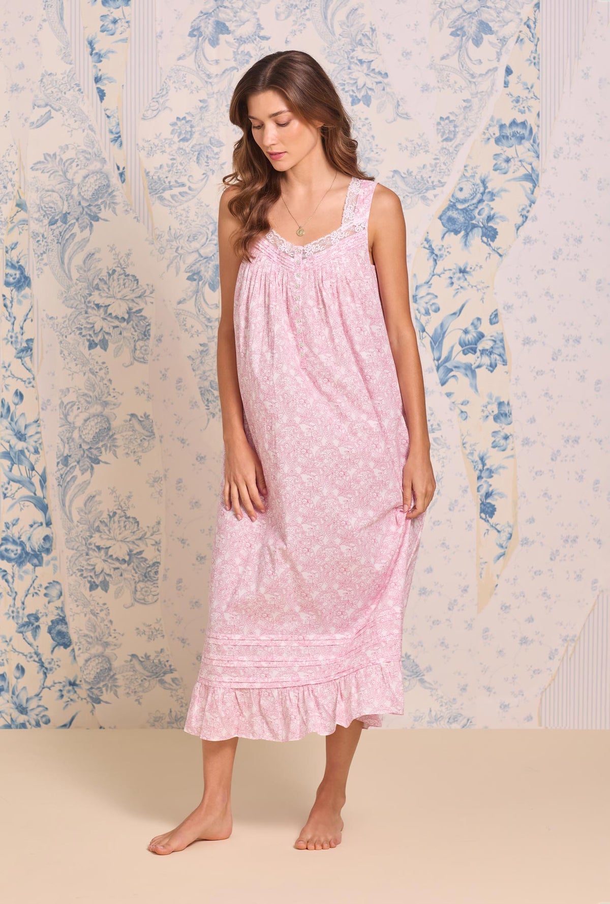 A Lady wearing the "Eileen" Cameo Garden Cotton Lawn Ballet Nightgown