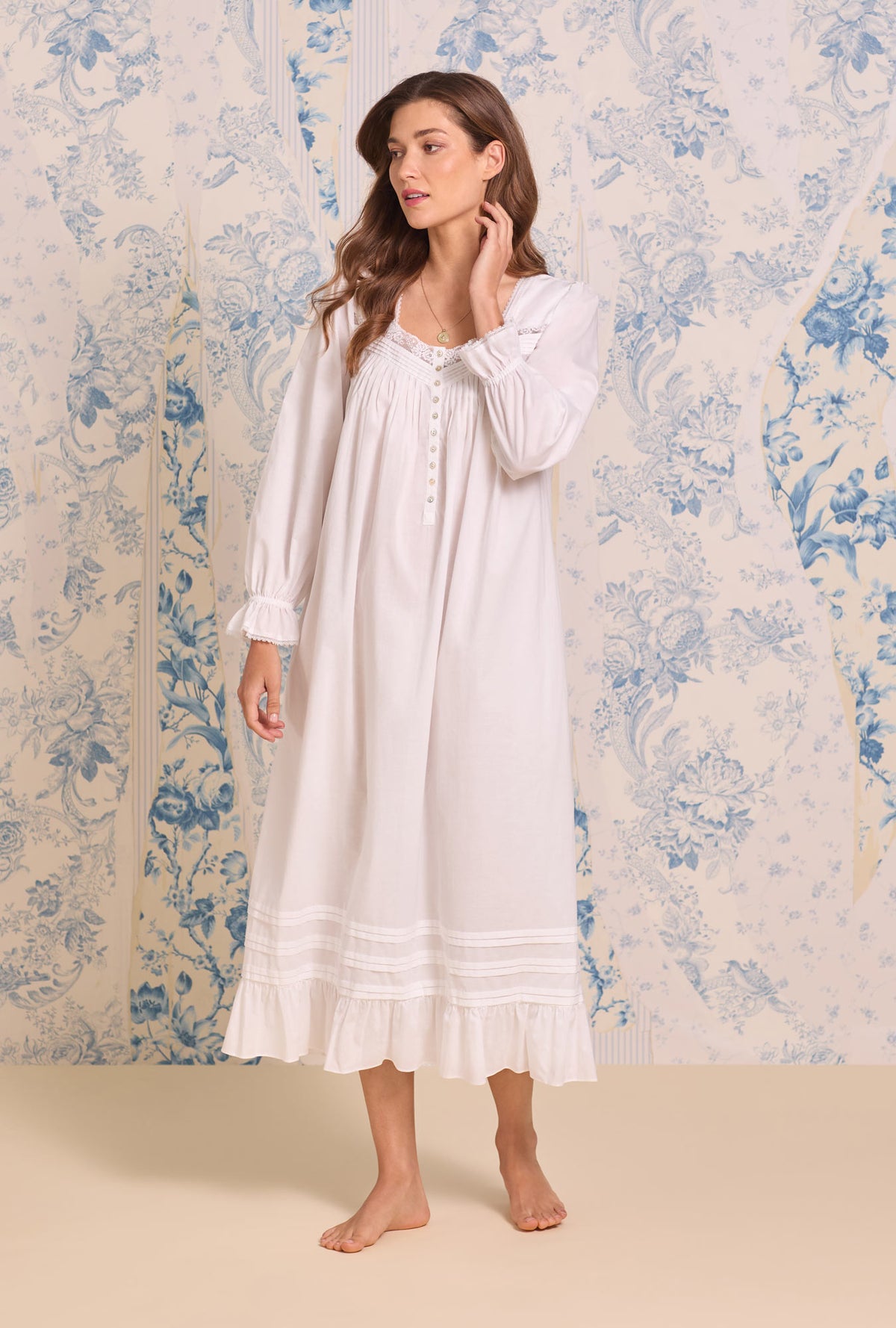 A Lady wearing Iconic White Cotton Lawn Long Sleeve Ballet Nightgown