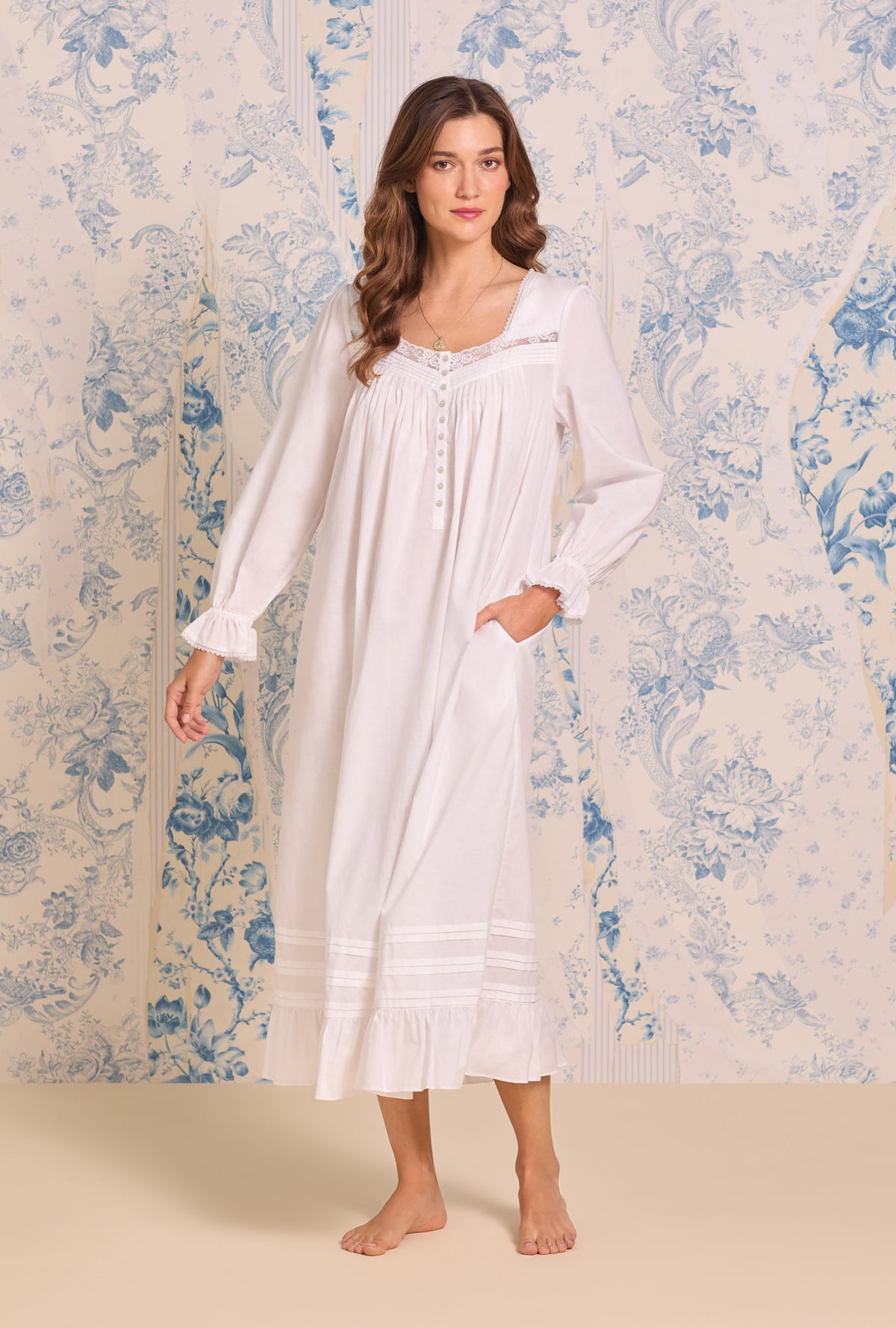 A Lady wearing Iconic White Cotton Lawn Long Sleeve Ballet Nightgown