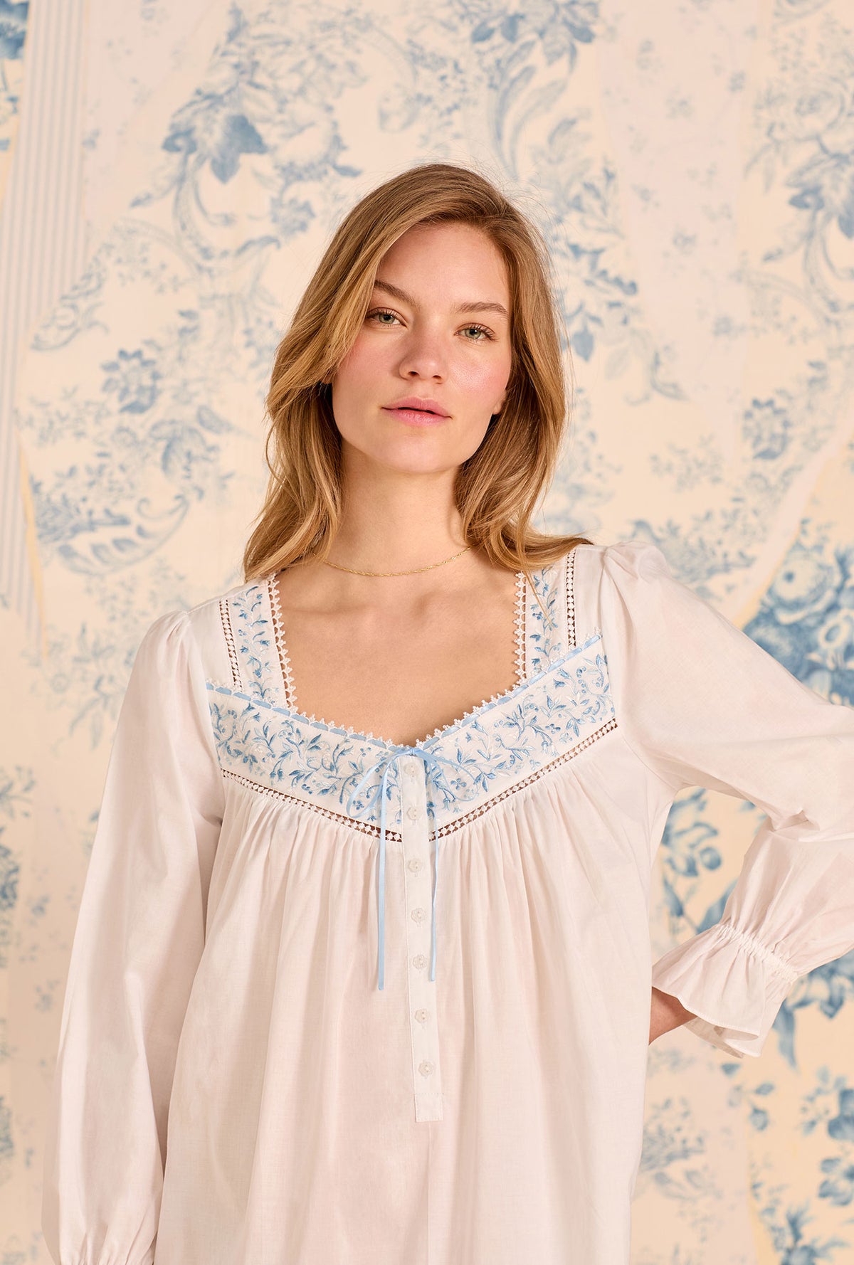Iconic White Cornflower Embroidery Cotton Lawn Long Sleeve Ballet Nightgown