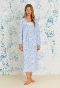 Blue Scroll Floral Cotton Knit Long Nightgown