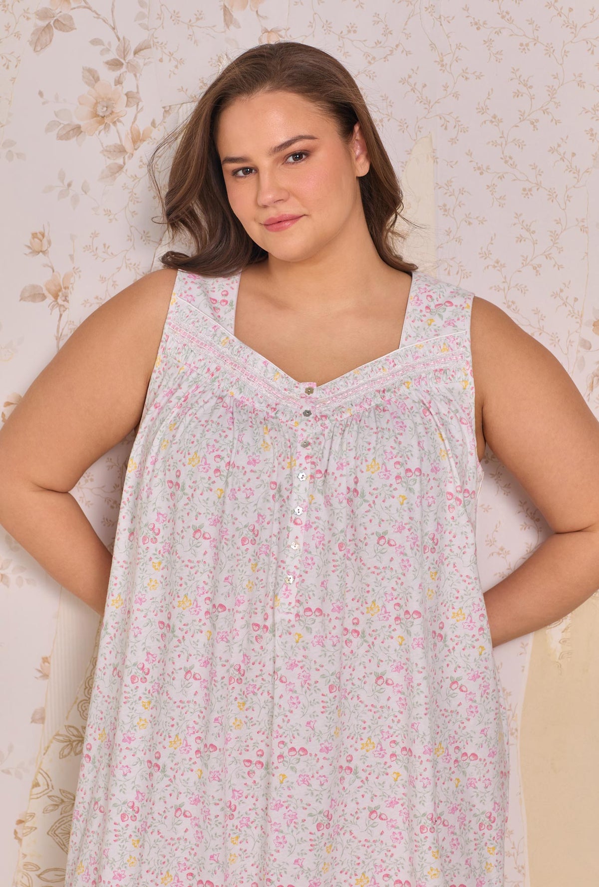 A Lady Wearing Plus Size Strawberry Field Cotton Knit Chemise facing front in a half close up shot