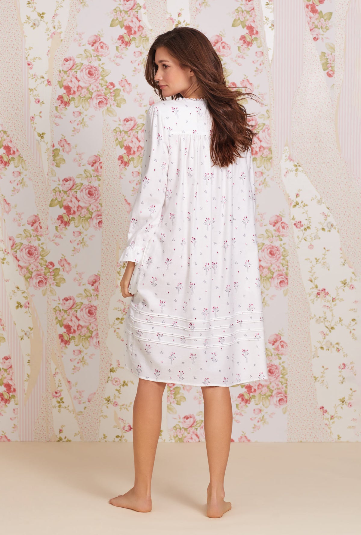 A lady wearing white Long Sleeve Cotton Flannel Waltz Nightgown with Dream Bouquet  print