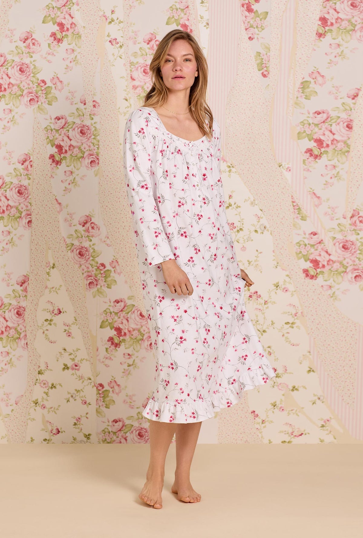 A lady wearing Embervine Cotton Knit Long Sleeve Ballet Nightgown