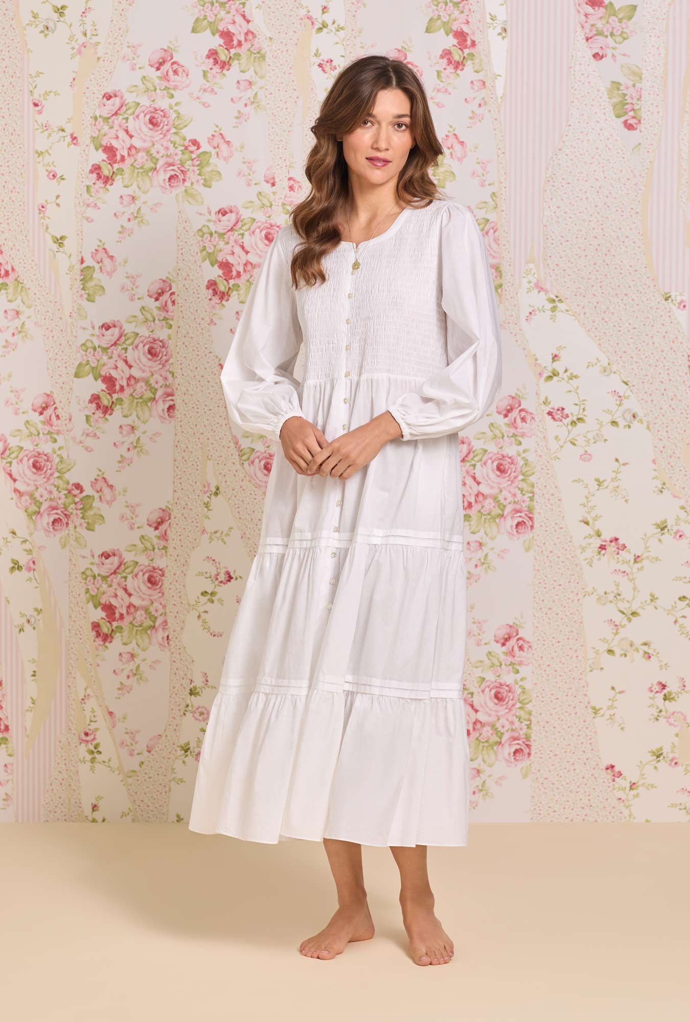  A Lady wearing the "Hannah" Iconic White Cotton Lawn Button Front Nightgown