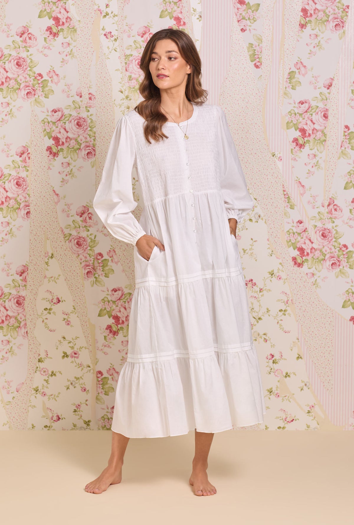 A lady wearing The "Hannah" Iconic White Cotton Lawn Button Front Nightgown