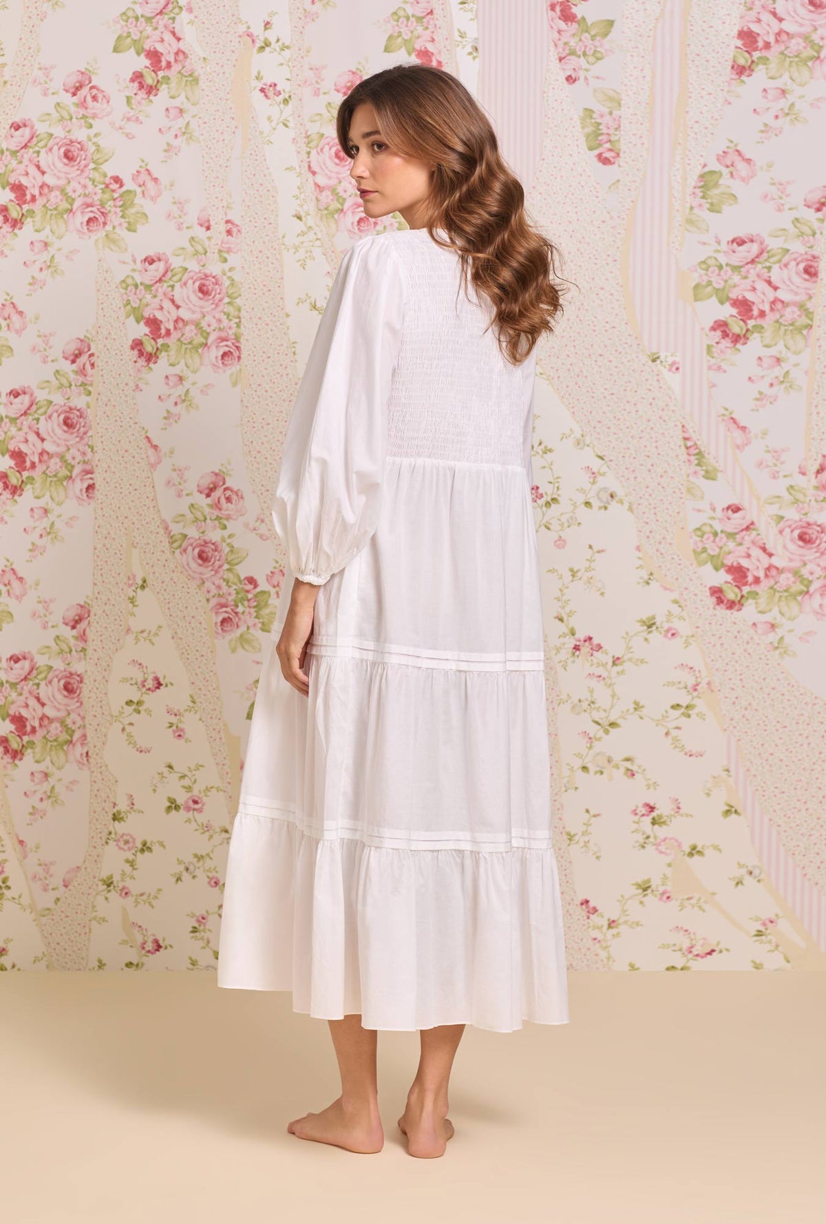 A lady wearing The "Hannah" Iconic White Cotton Lawn Button Front Nightgown