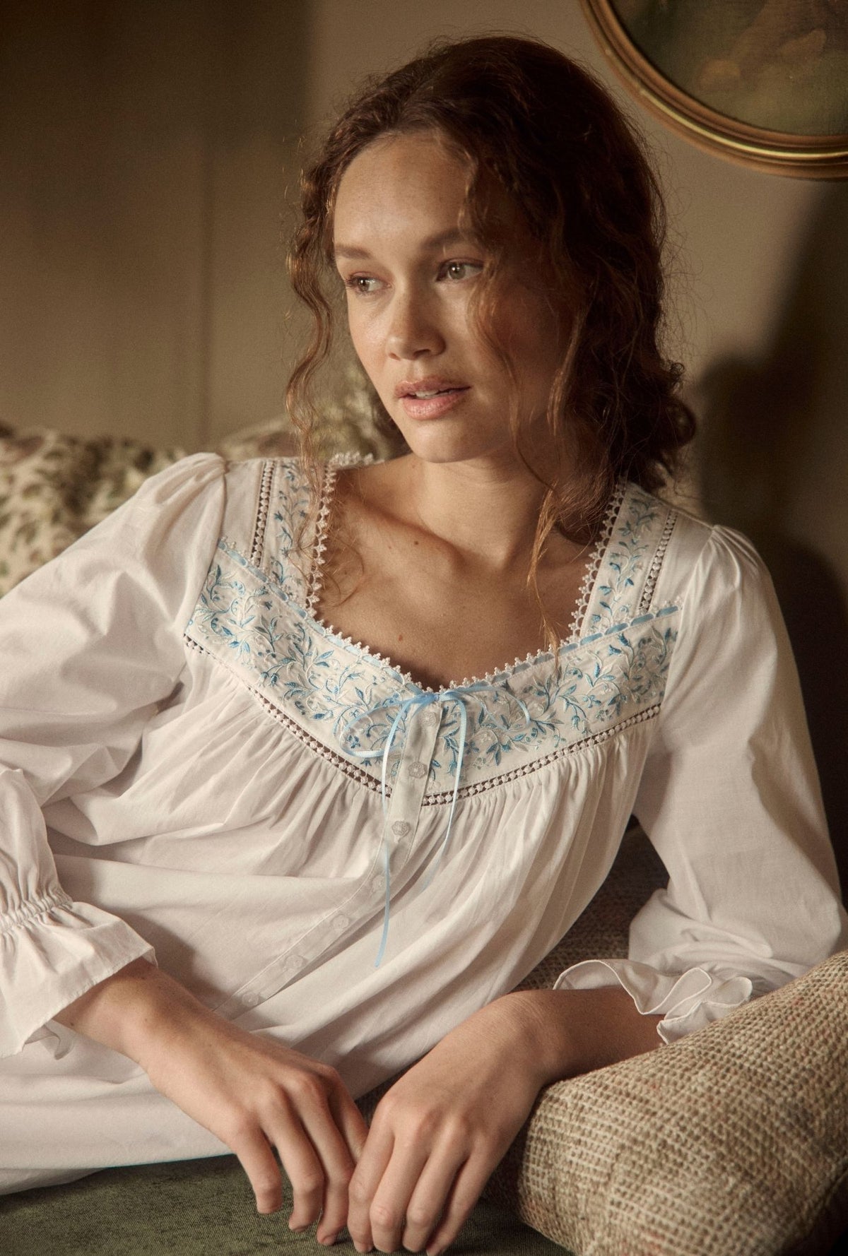 Iconic White Cornflower Embroidery Cotton Lawn Long Sleeve Ballet Nightgown