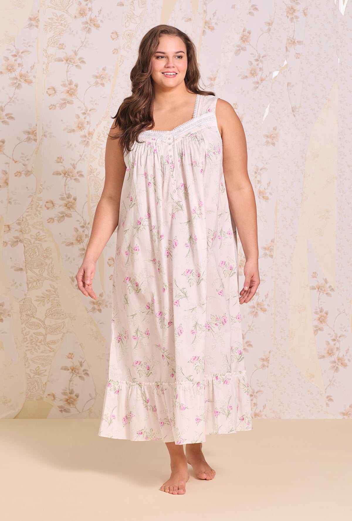 A Lady Wearing Plus Size The "Eileen" Vintage Bouquet Cotton Lawn Ballet Nightgown Front view