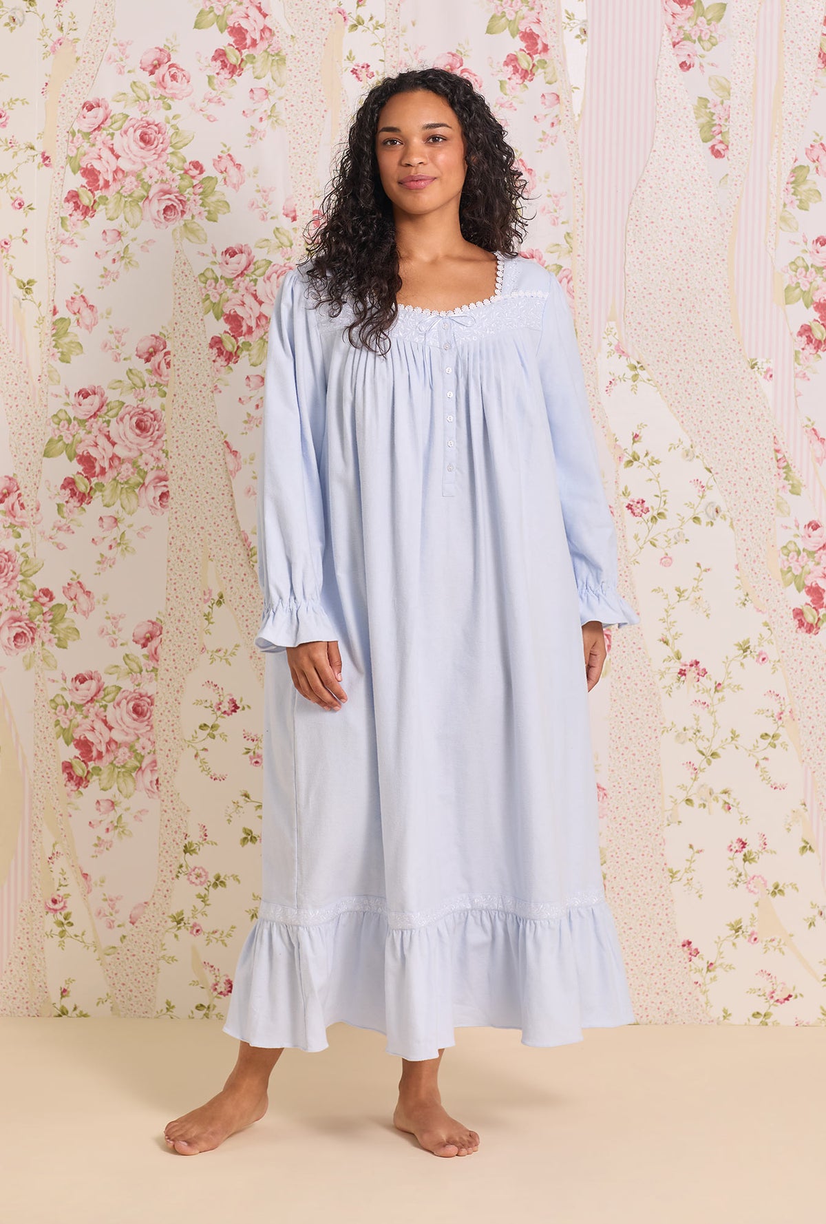 A lady wearing white Long Sleeve Cotton Flannel Embroidery Long Plus Size Nightgown 