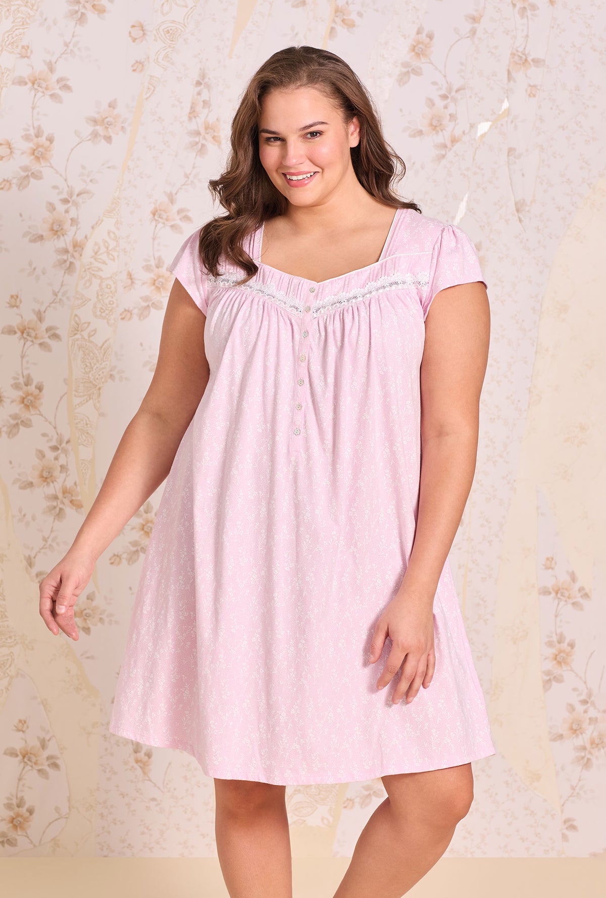 A Lady Wearing Plus Size Wildflower Cotton Knit Cap Sleeve Chemise Close up view