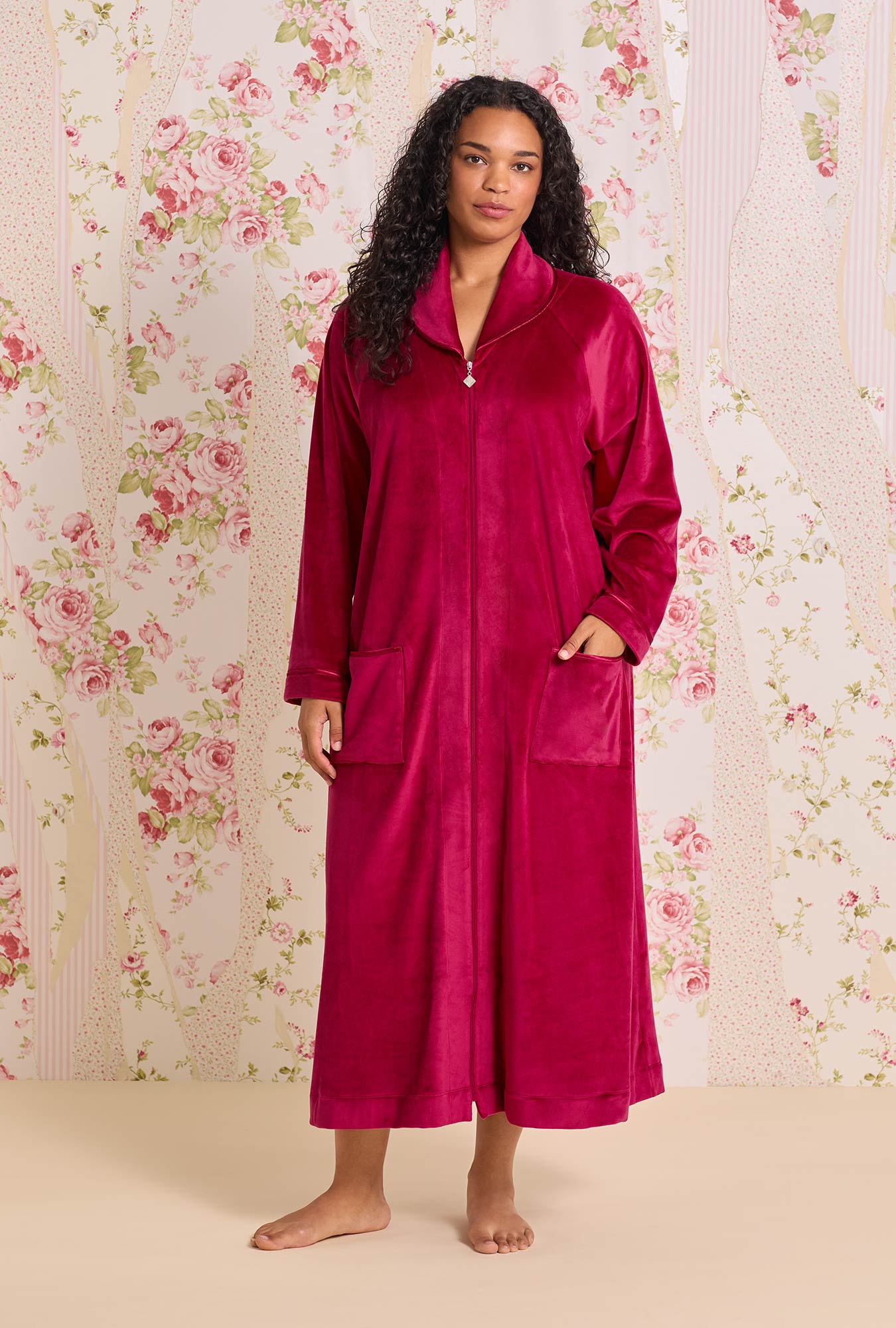 Claret;@A lady wearing Lux Velour Long Zip Robe