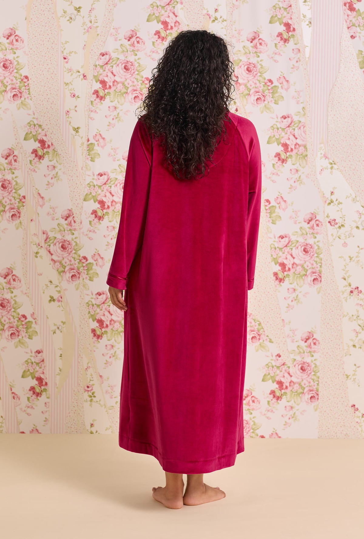 Claret;@A lady wearing Lux Velour  Long Plus Size Zip Robe