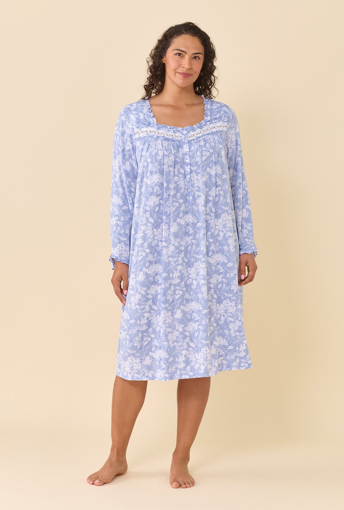 A lady wearing plus size Ondine Floral TENCEL™ Modal Spandex Jersey Knit Long Sleeve Ballet Nightgown