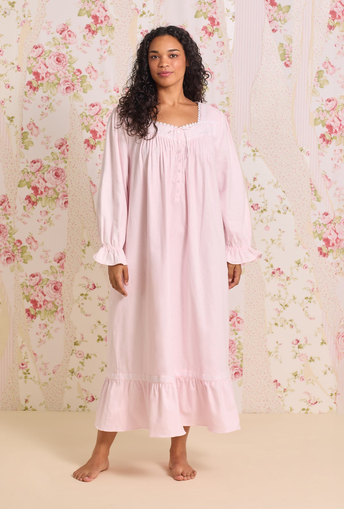 A lady wearing Blush Heritage Cotton Flannel Embroidery Plus Size Long Nightgown