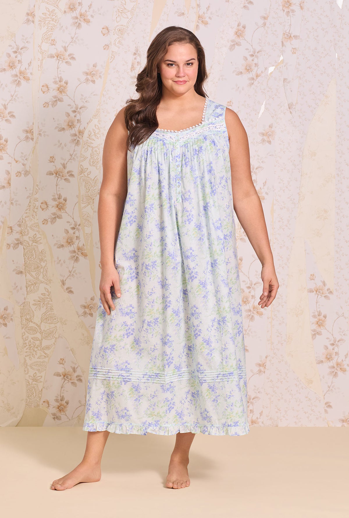 A Lady wearing plus size The "Eileen" Aqua Bloom Cotton Lawn Ballet Nightgown