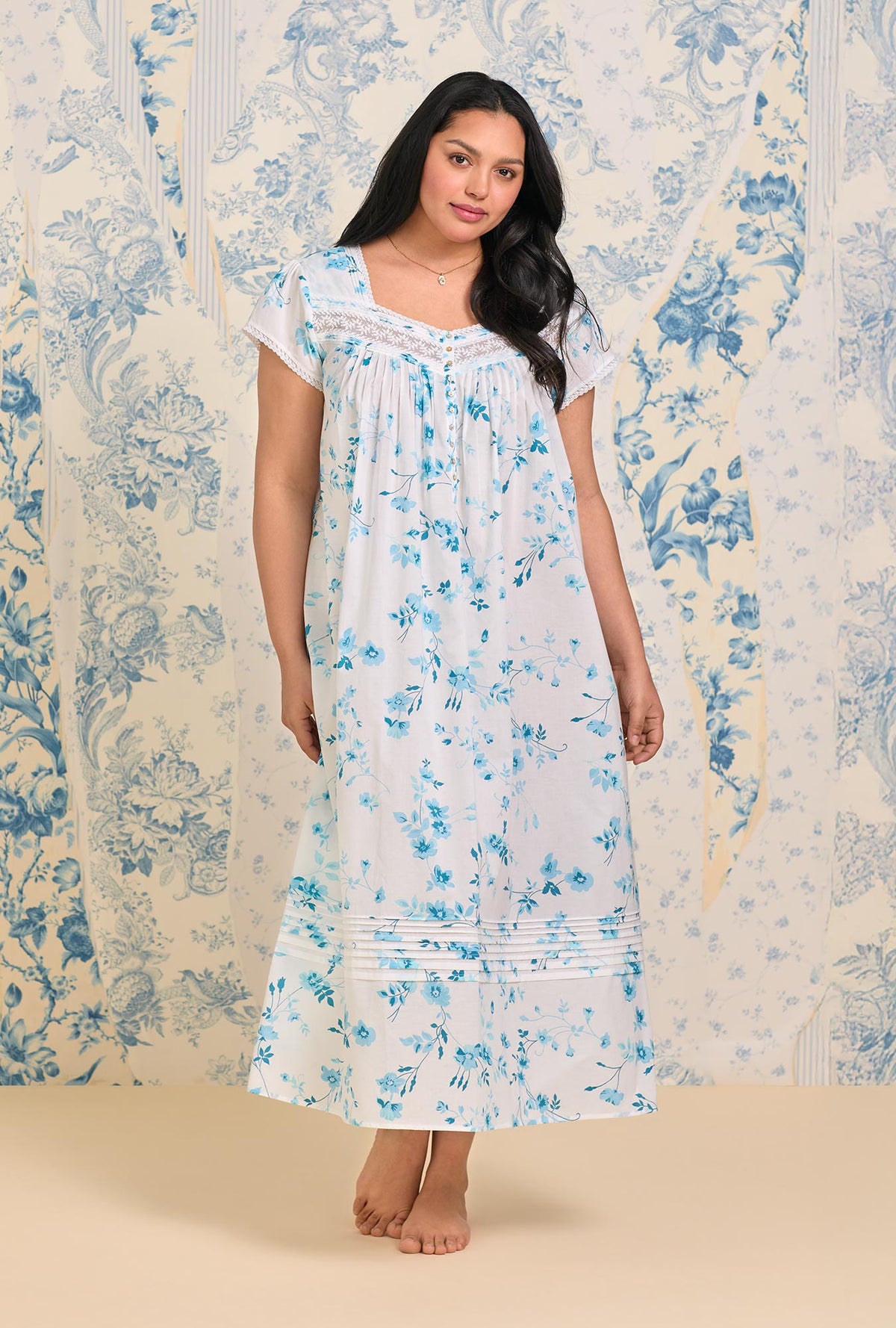 A lady wearing Aqua Dream Cotton Lawn Ballet Nightgown
