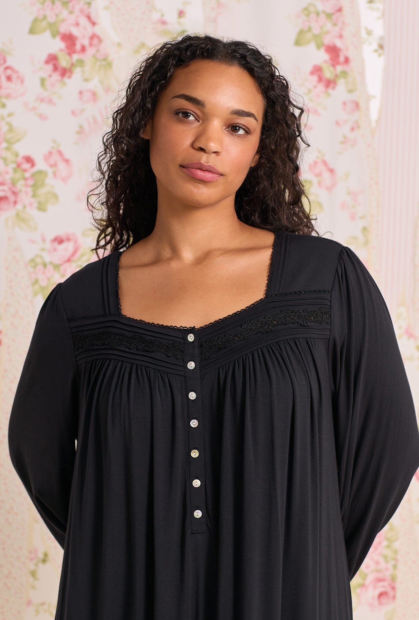A lady wearing Iconic Black Tencel™ Modal Long Sleeve Ballet Nightgown