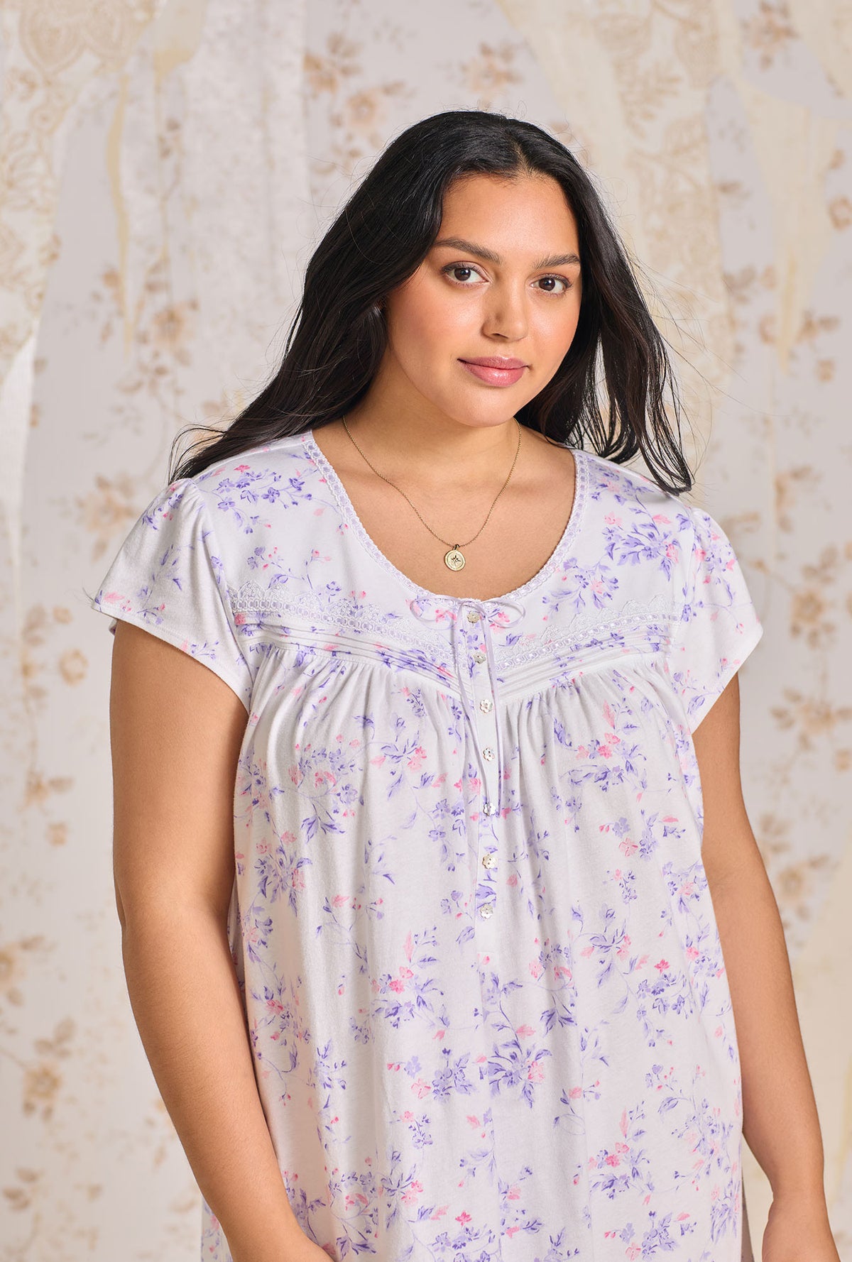 A lady wearing Petite Floral Cotton Knit Short Nightgown