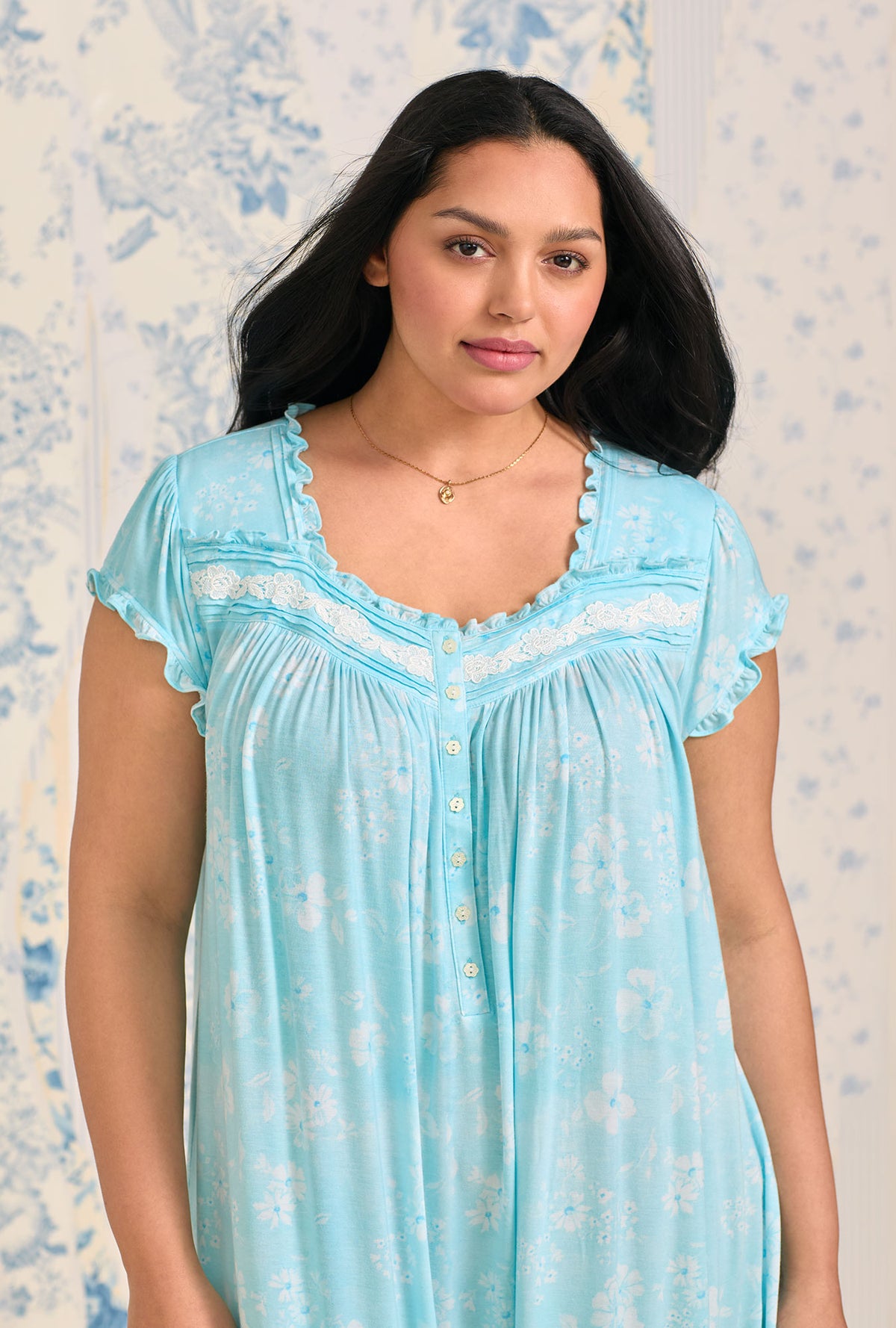 A lady wearing Aqua Bloom Tencel ™ Modal Waltz Nightgown