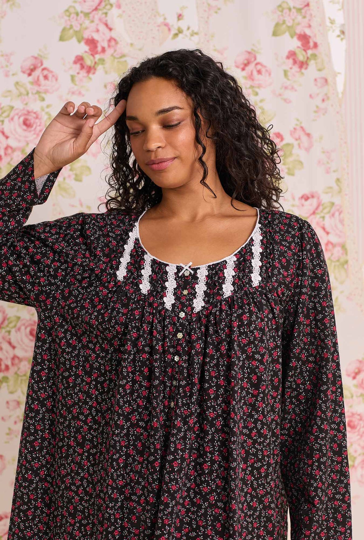 A Lady wearing Bordeaux Bloom Cotton Knit Long Sleeve Short Plus Nightgown