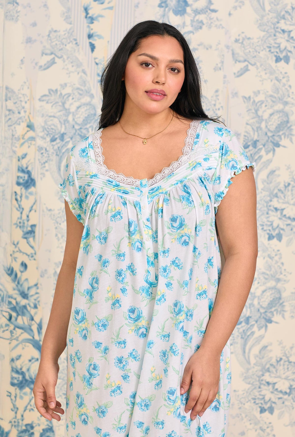 A lady wearing Bluebelle Mist Cotton Modal Waltz Nightgown