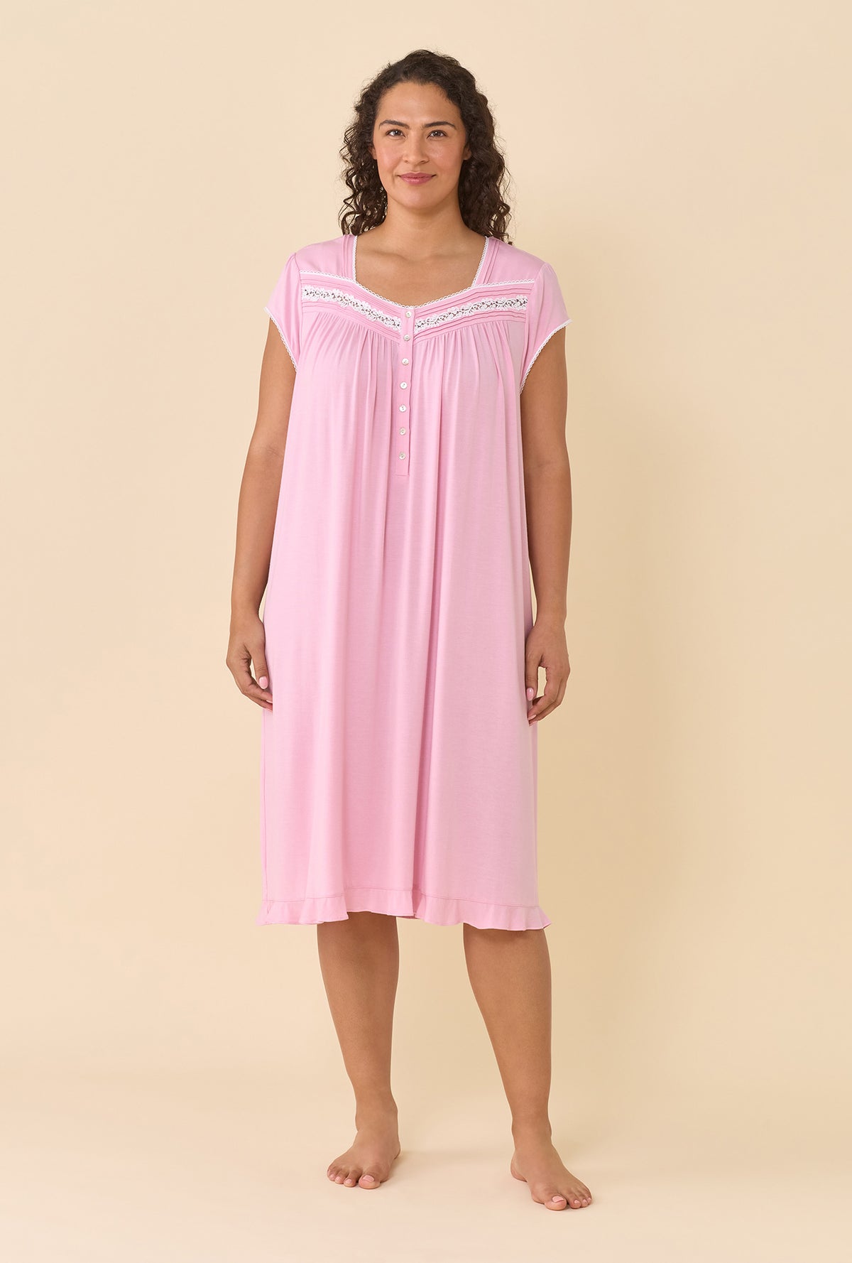 A lady wearing plus size Dusty Rose Nightgown