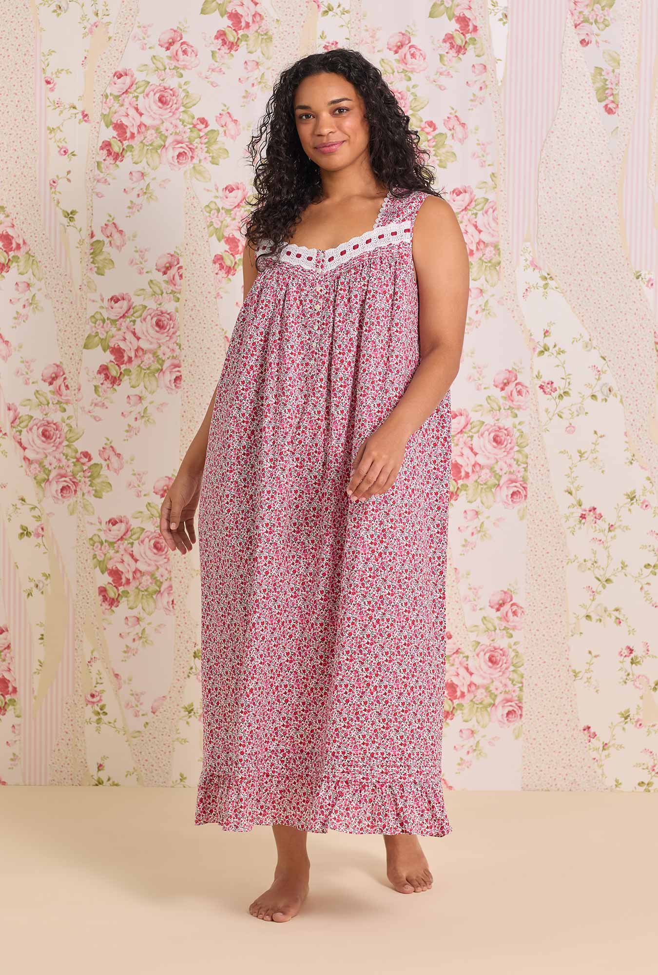 A Lady wearing The "Eileen" Holiday Camellia Cotton Lawn Ballet Nightgown