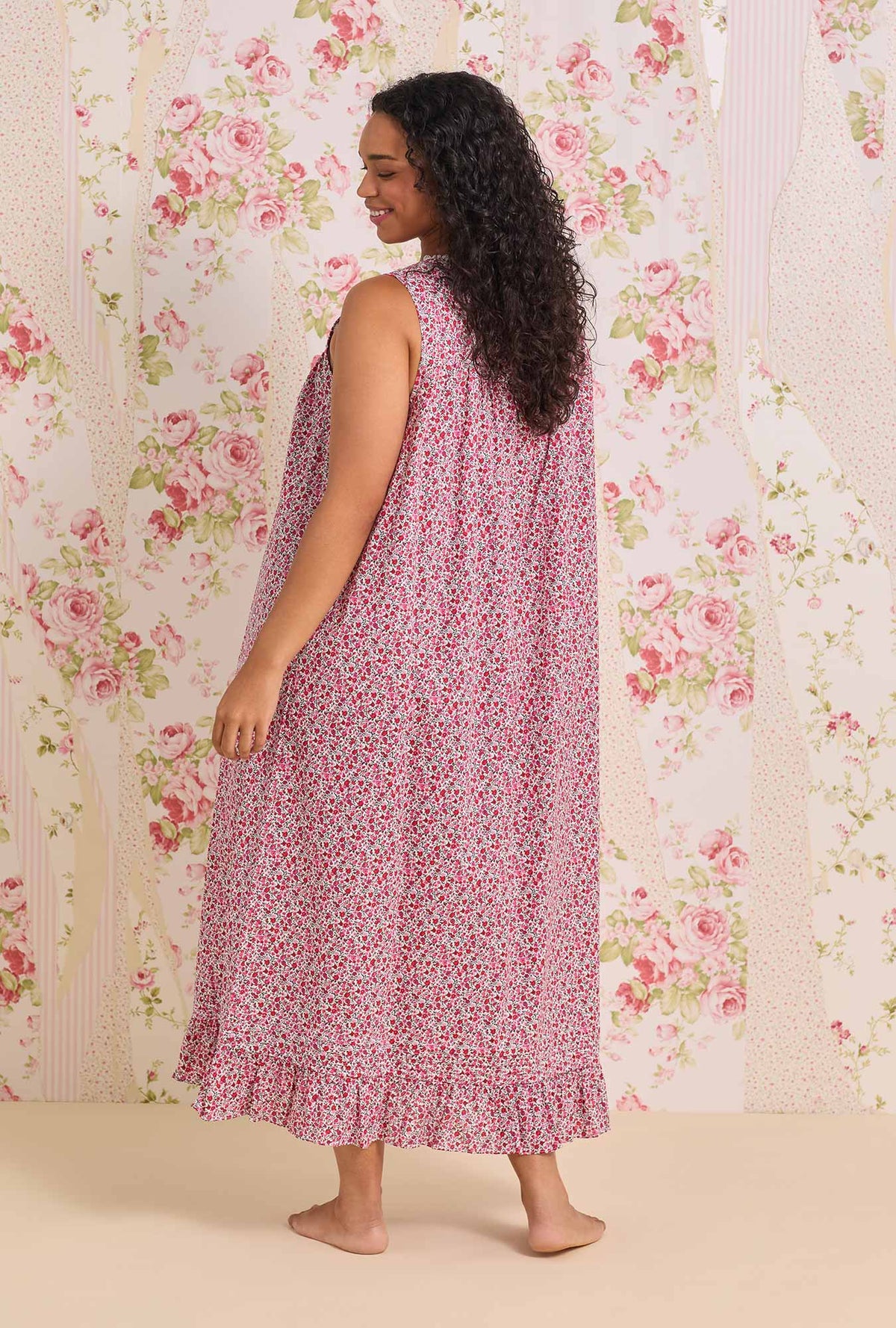 A Lady wearing The "Eileen" Holiday Camellia Plus Cotton Lawn Ballet Nightgown