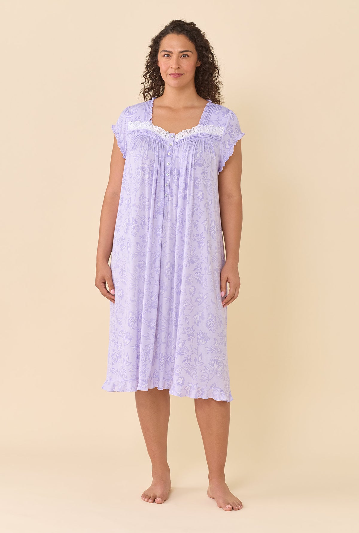 A lady wearing plus size Lavender Bloom Waltz Nightgown
