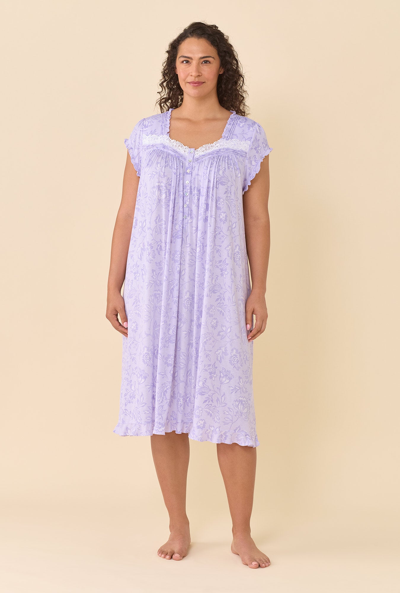  A lady wearing Lavender Bloom Waltz Nightgown posing