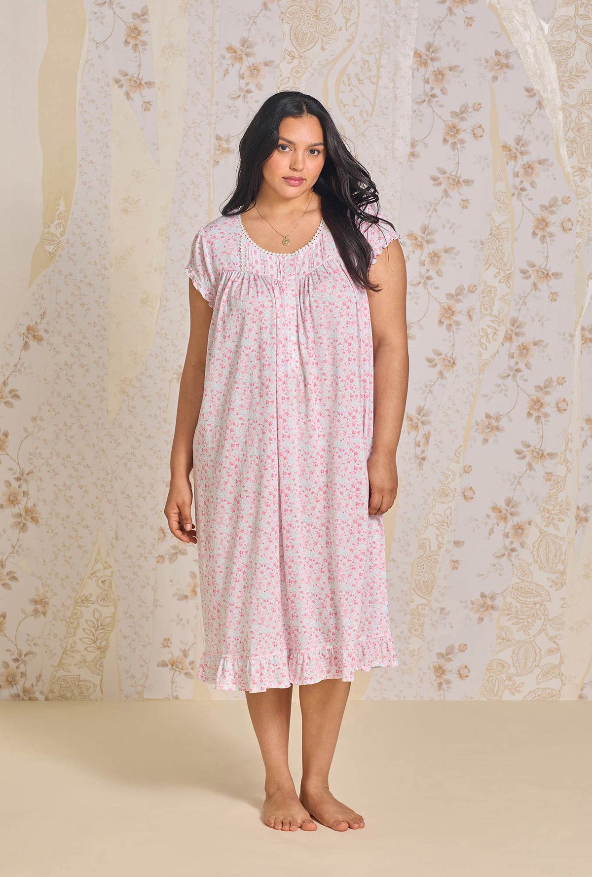 A lady wearing Bright Blossom Modal Waltz Plus Gown